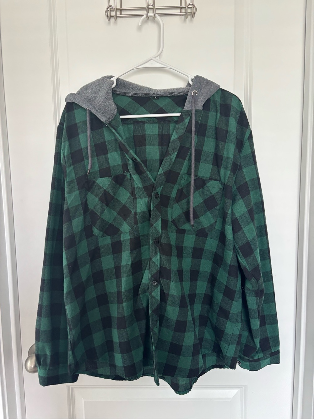 Green and Black Plaid Hooded Flannel Shirt Jacket